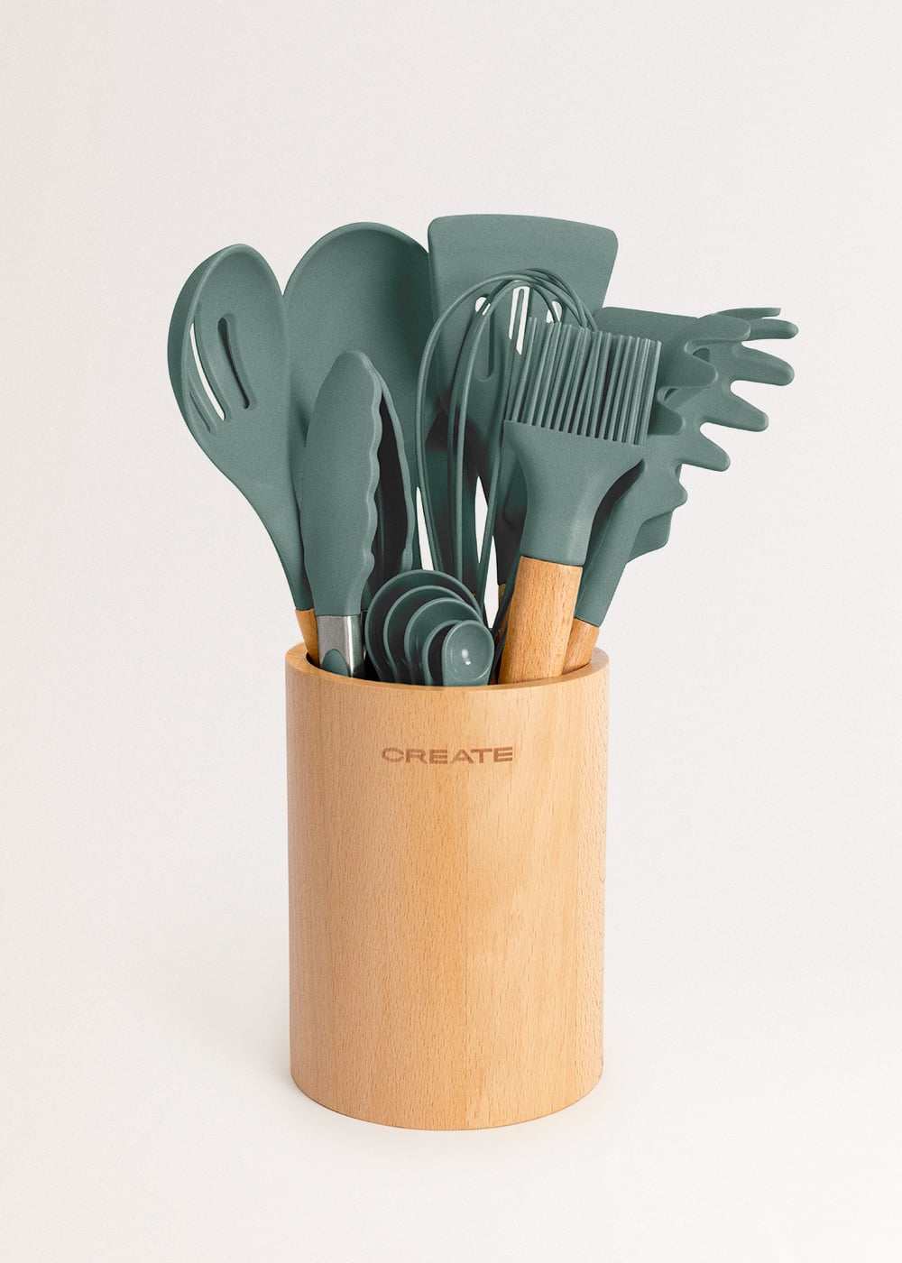 Conjunto de utensílios de cozinha em silicone com suporte de madeira | STP Outlet